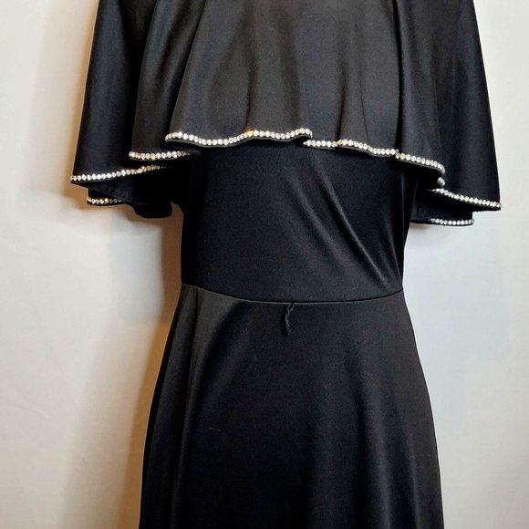 Retro 70s 80s Capelet Evening Gown Formal Black Rhinestone Trim Strait Lane Sm - Picture 3 of 10